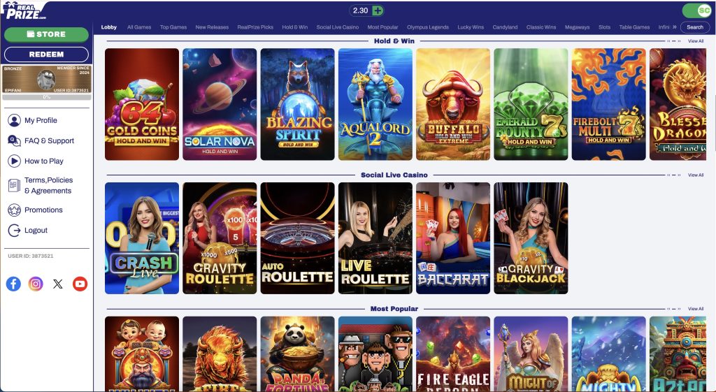 RealPrize Casino Game Catalog Screenshot
