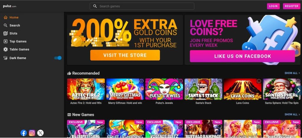 Pulsz Social Casino homepage showing welcome offer.