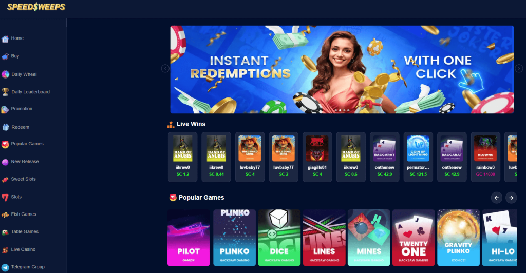 Games Lobby at SpeedSweeps