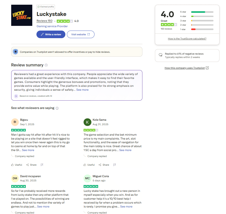 LuckyStake.com Trustpilot Score